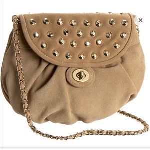 REBECCA MINKOFF BLACK SUEDE CROSSBODY BAG WITH GOLD STUDS AND CHAIN